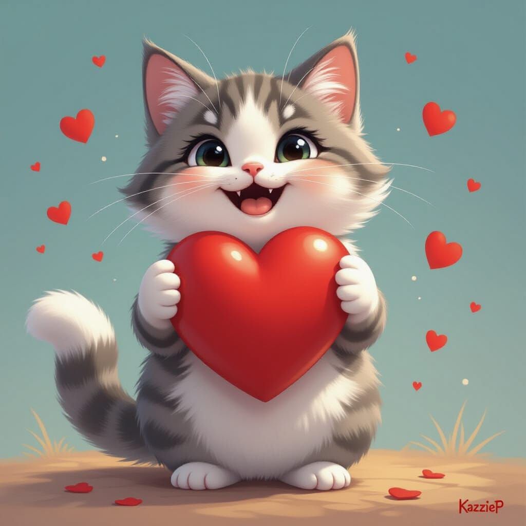 Fluffy Cat Holding Heart in Playful Digital Art