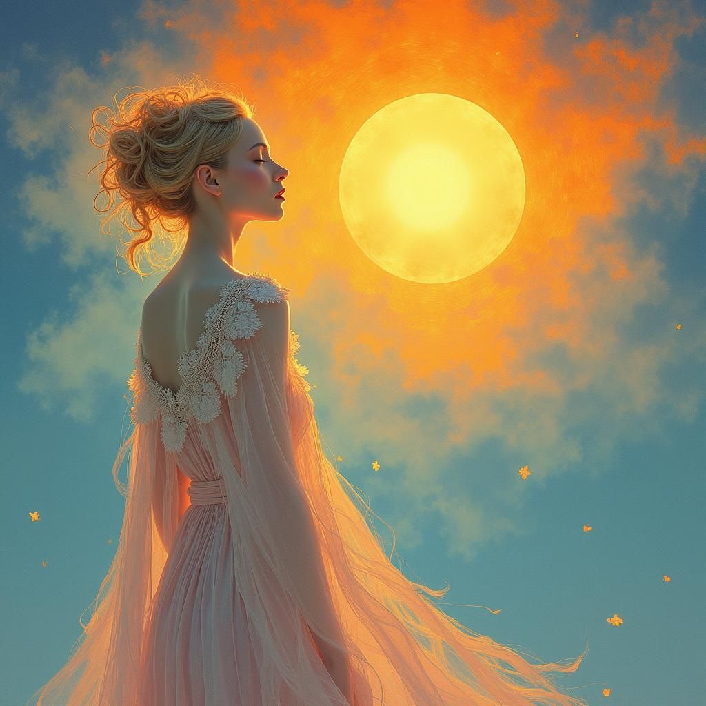 Ethereal Figure with Sun in Abstract Expressionism Style