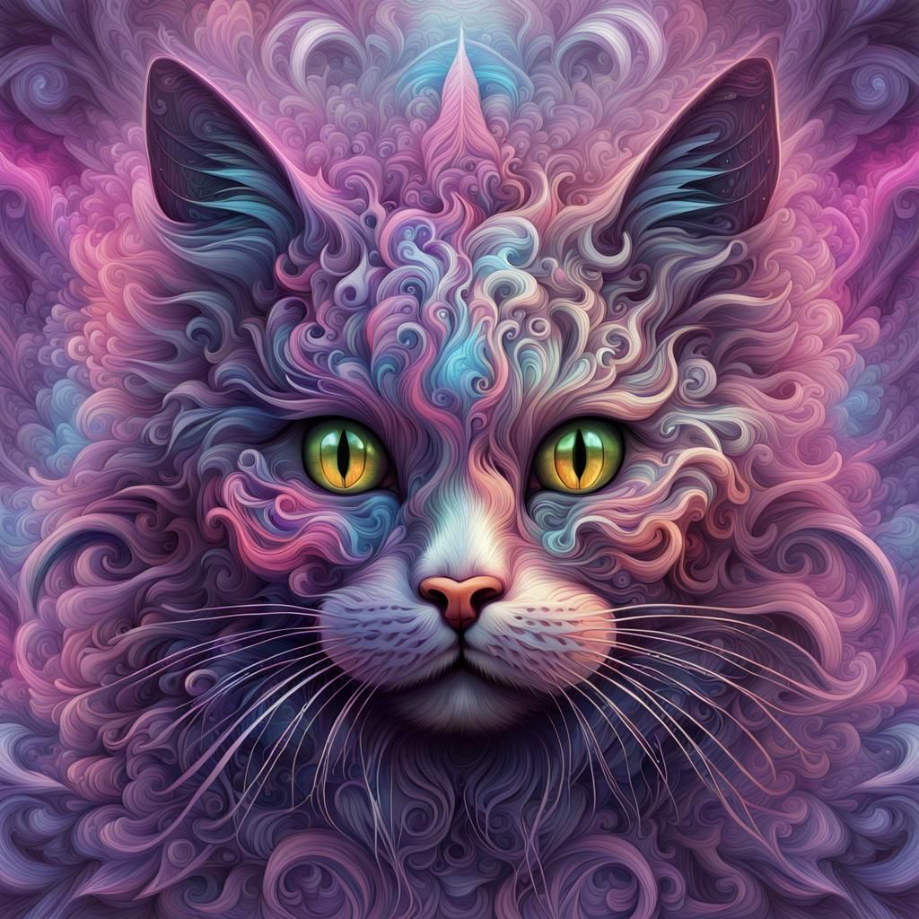 Abstract Fractal Cat with Flowing Fur in Anime Style