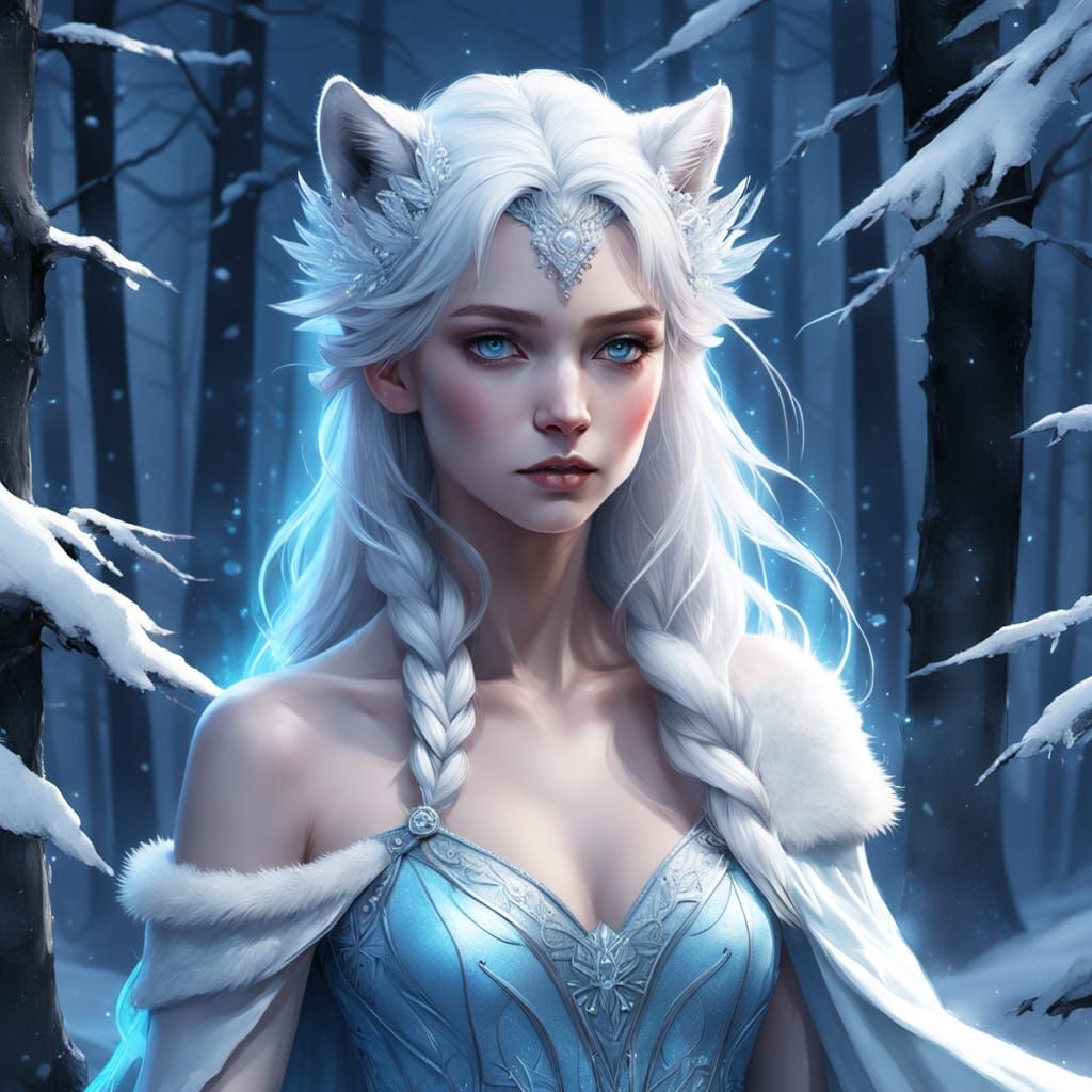 Regal Snow Queen and White Tiger in Frozen Forest