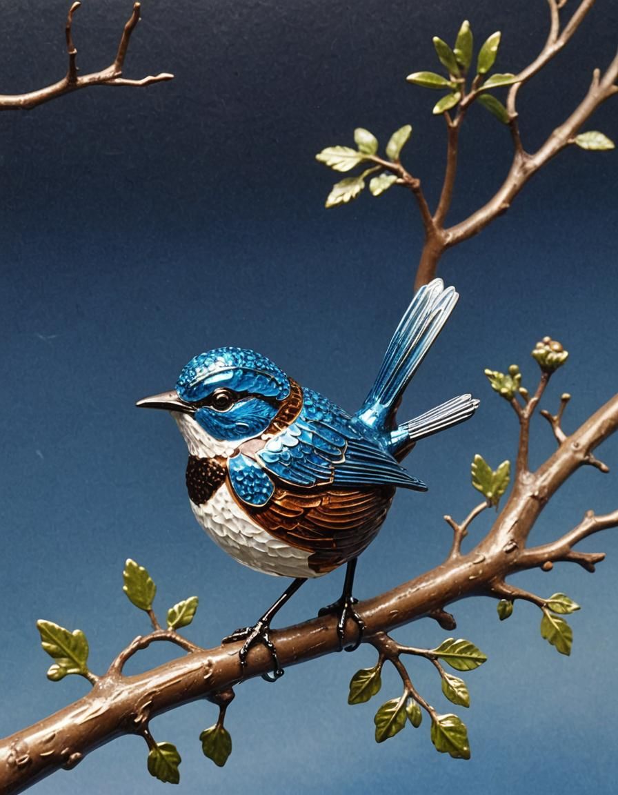 Brilliantly Polished Enamelled Metal Wren Sculpture