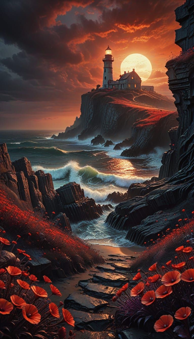 Surreal Lighthouse Over Red Flowers at Sunset