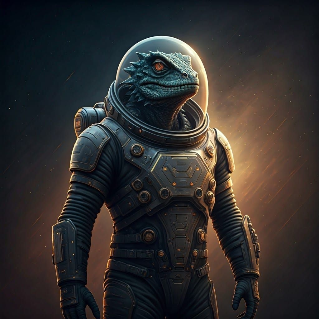 Lizard Astronaut Heroically Posed Against Nebula Backdrop