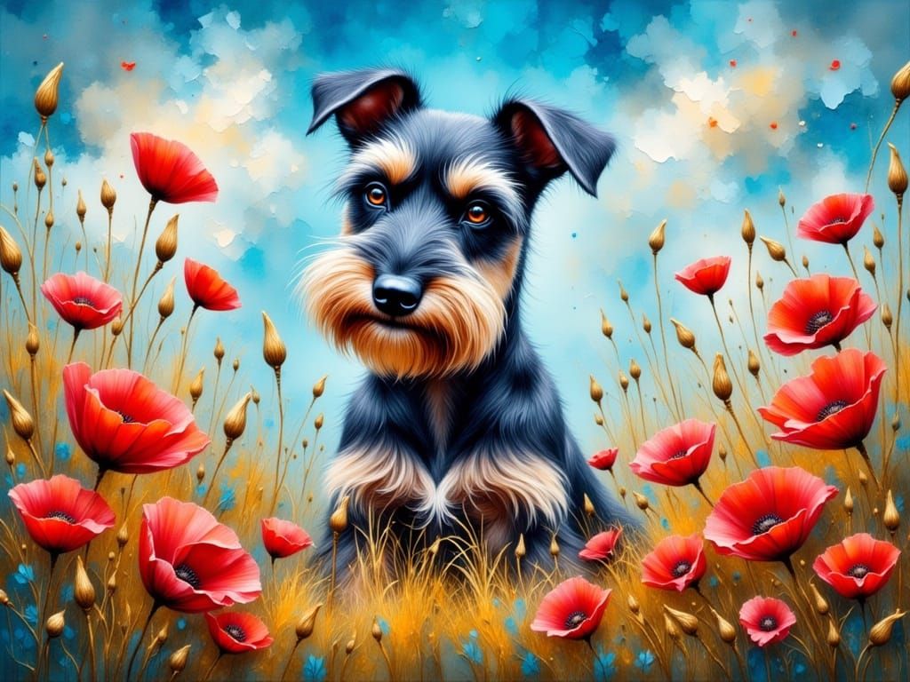 Vibrant Poppy Field with a Majestic Mini Schnauzer in Oil Pa...
