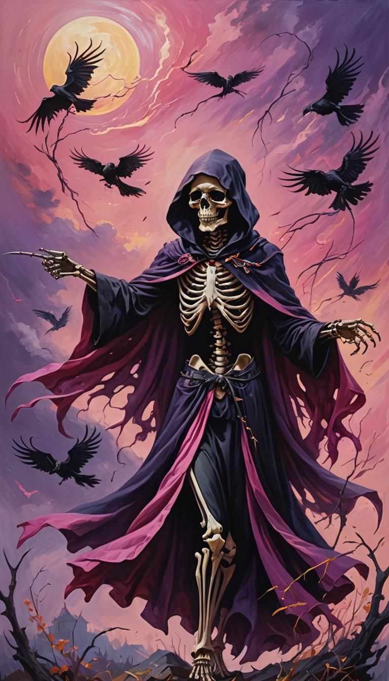 Sassy Grim Reaper in Pink Cloak: Dark Fantasy Art