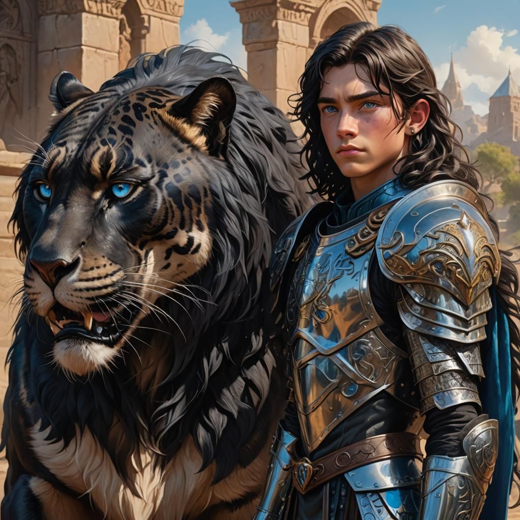 Boy and Panther in Armor: Hyperrealistic Concept Art