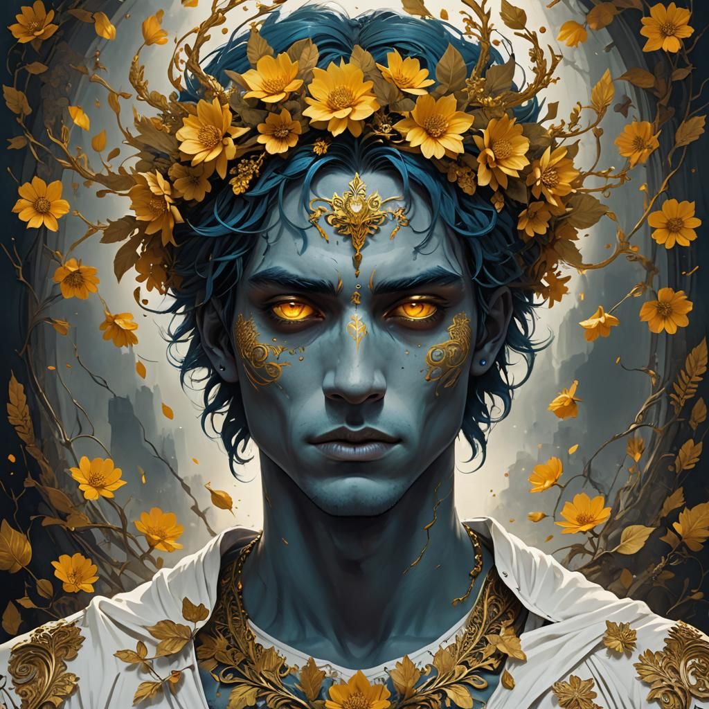 Blue-Skinned Man with Golden Wreath, Fantasy Art