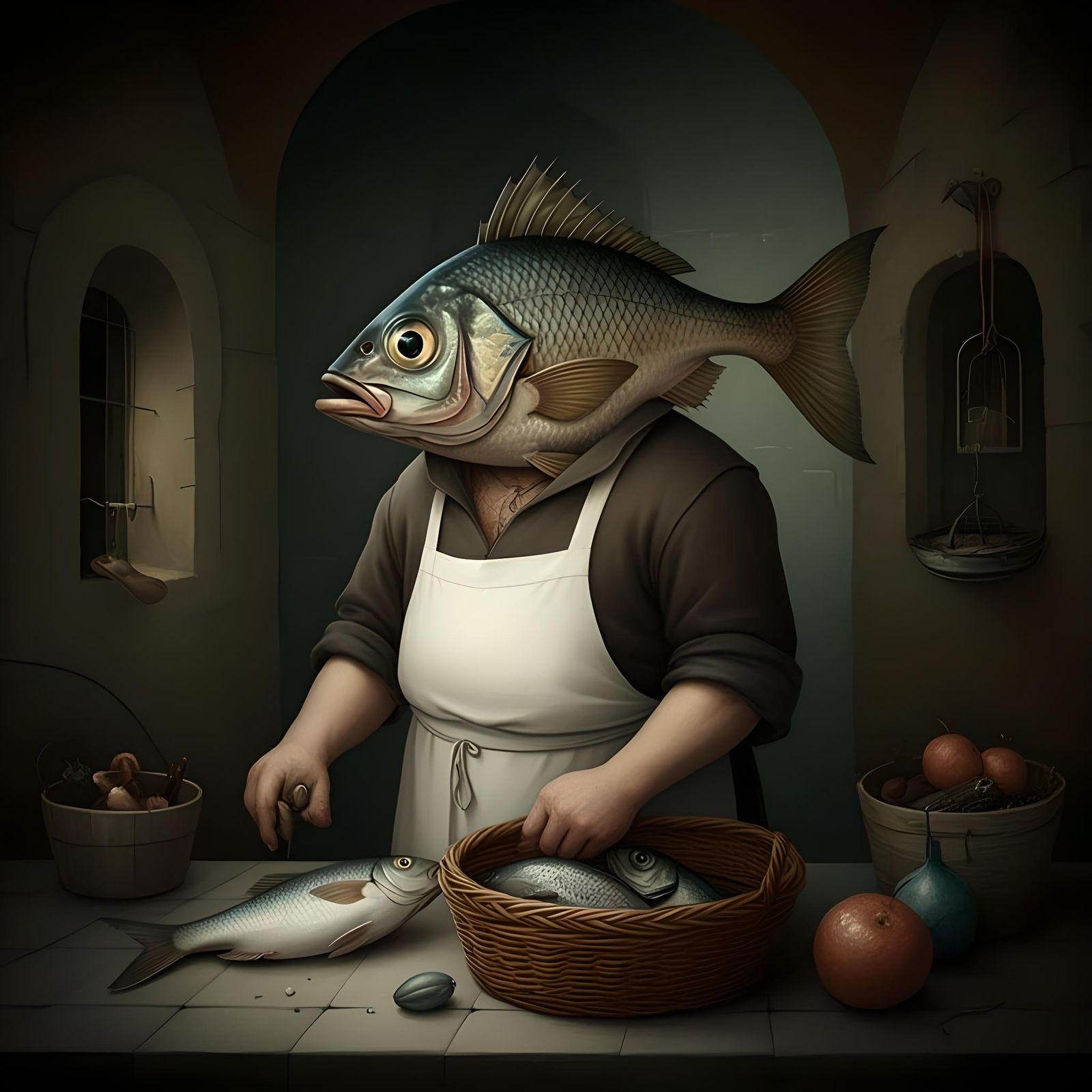 Fishmonger with a Fish Head, Bosch Style