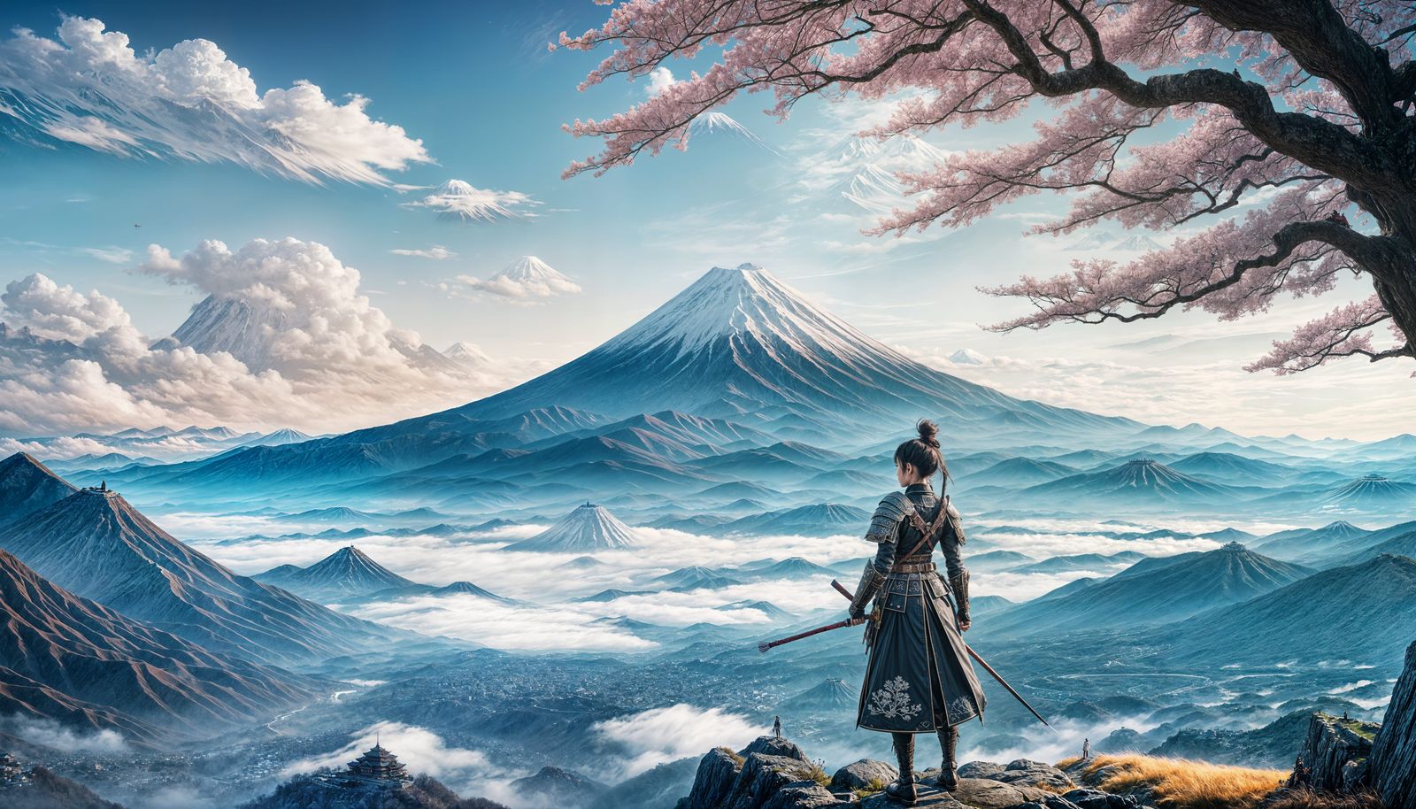 Ethereal Samurai Silhouette Confronts Majestic Mount Fuji