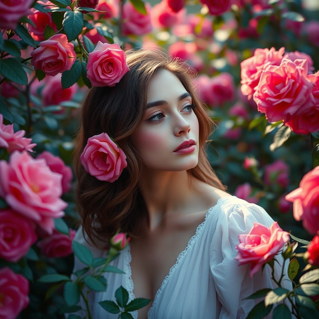 Serene Woman in Rose Garden, Cinematic Style