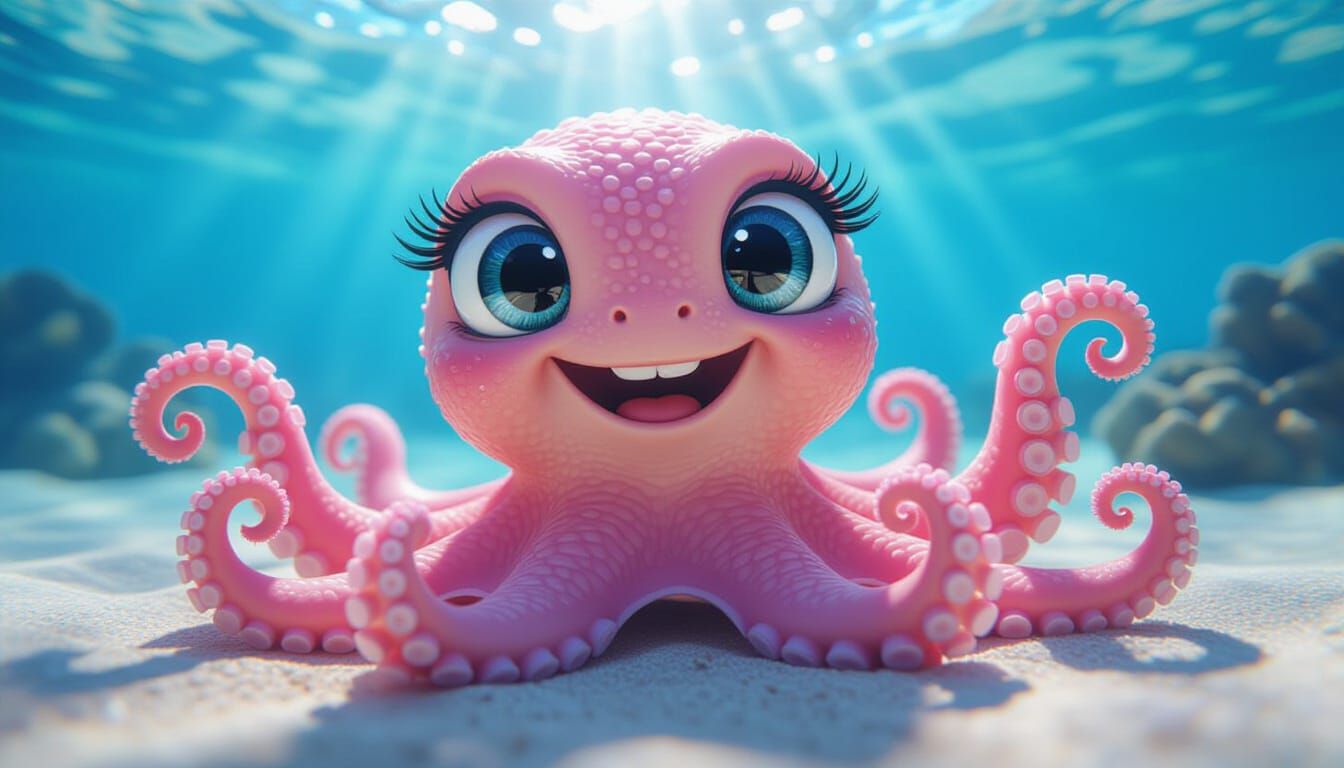 Cute Pink Octopus Smiling in Crystal Clear Underwater Scene