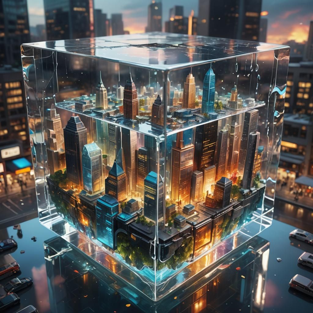 Hyperrealistic City Inside Glass Cube