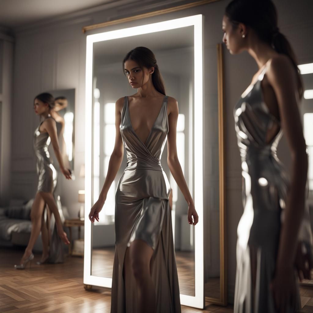 Sinister Reflection: Hyperrealistic Woman in Mirror