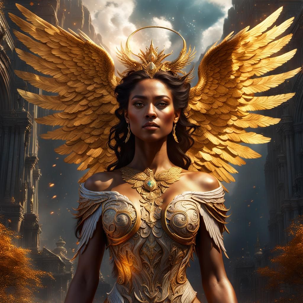 Mystical Angel Ascending Through Iridescent Clouds