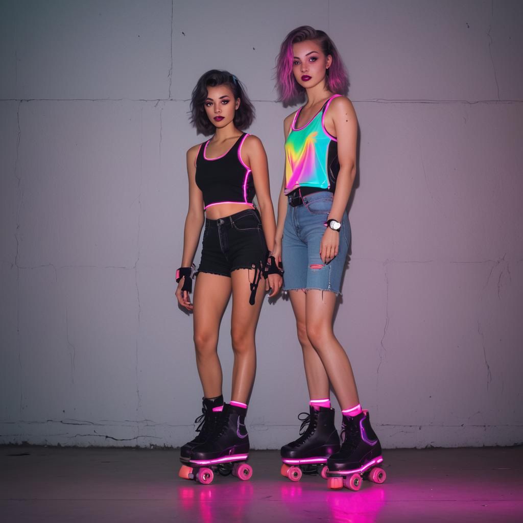 Girl on Roller Skates in Synthwave Neon Style