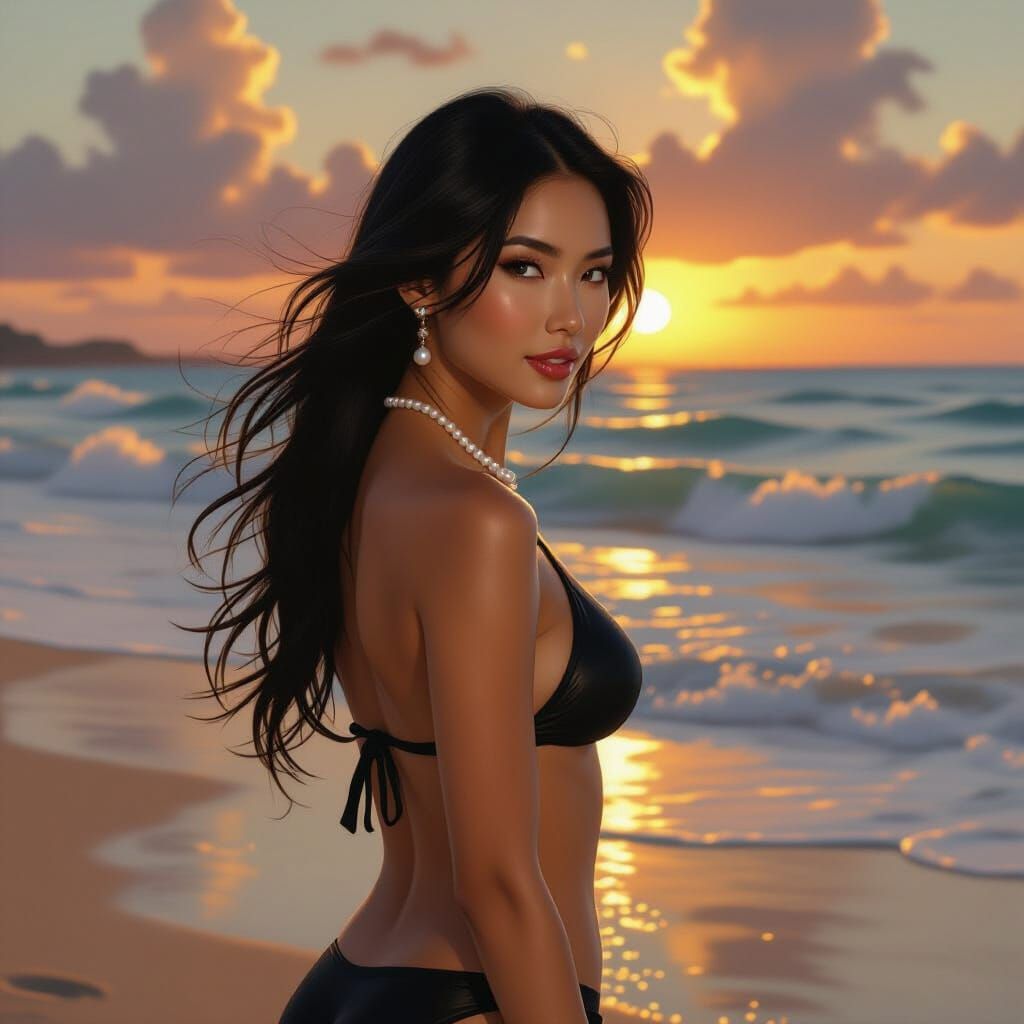 Mediterranean Sunset: Asian Woman in Rembrandt Style