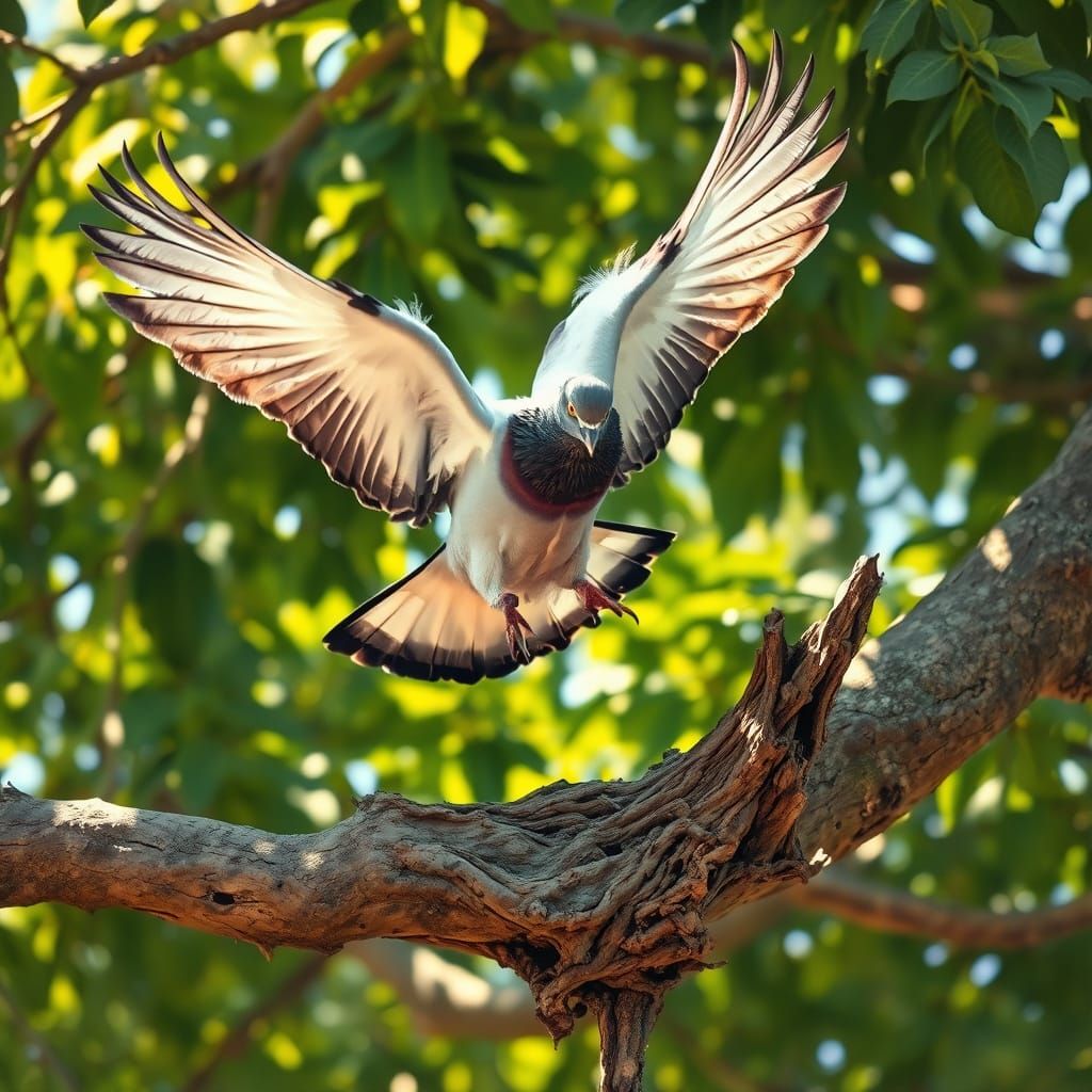 Whimsical Bird Alights on Branch in Lush Forest