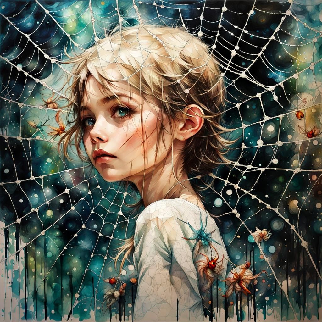 Cute Chibi Spider in Surreal Mixed Media Web