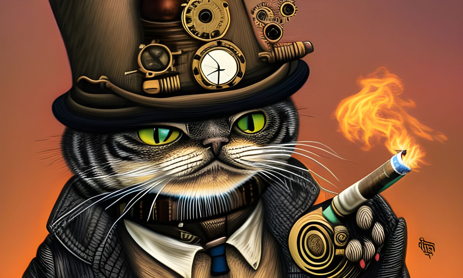 Steampunk Cat With Hat and Cigarette