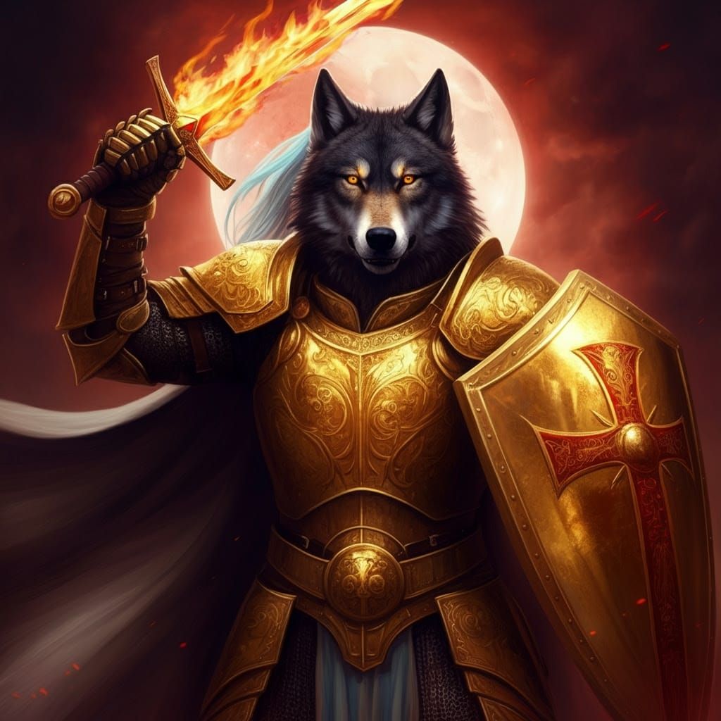 Armored Wolf with Fiery Sword and Blood Moon