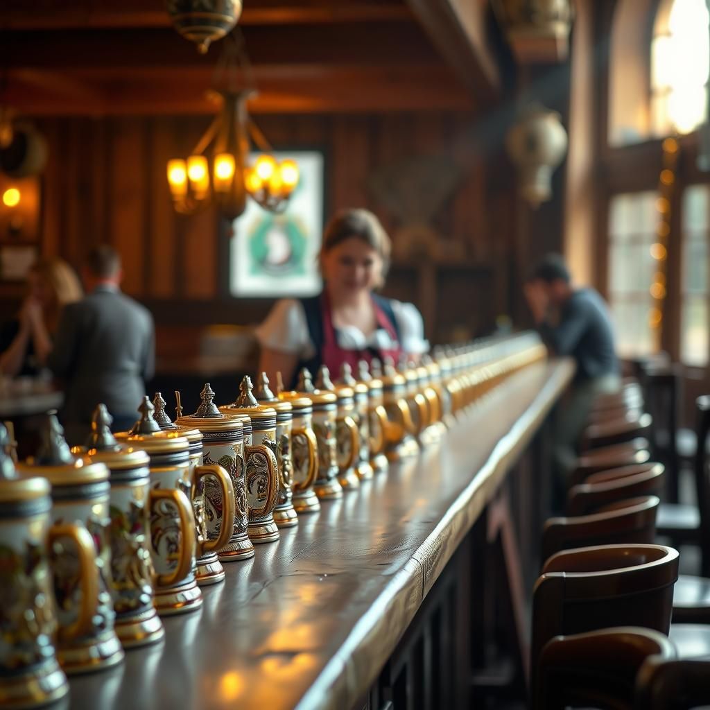 Bavarian Beer Garden Scene in Atmospheric Lighting