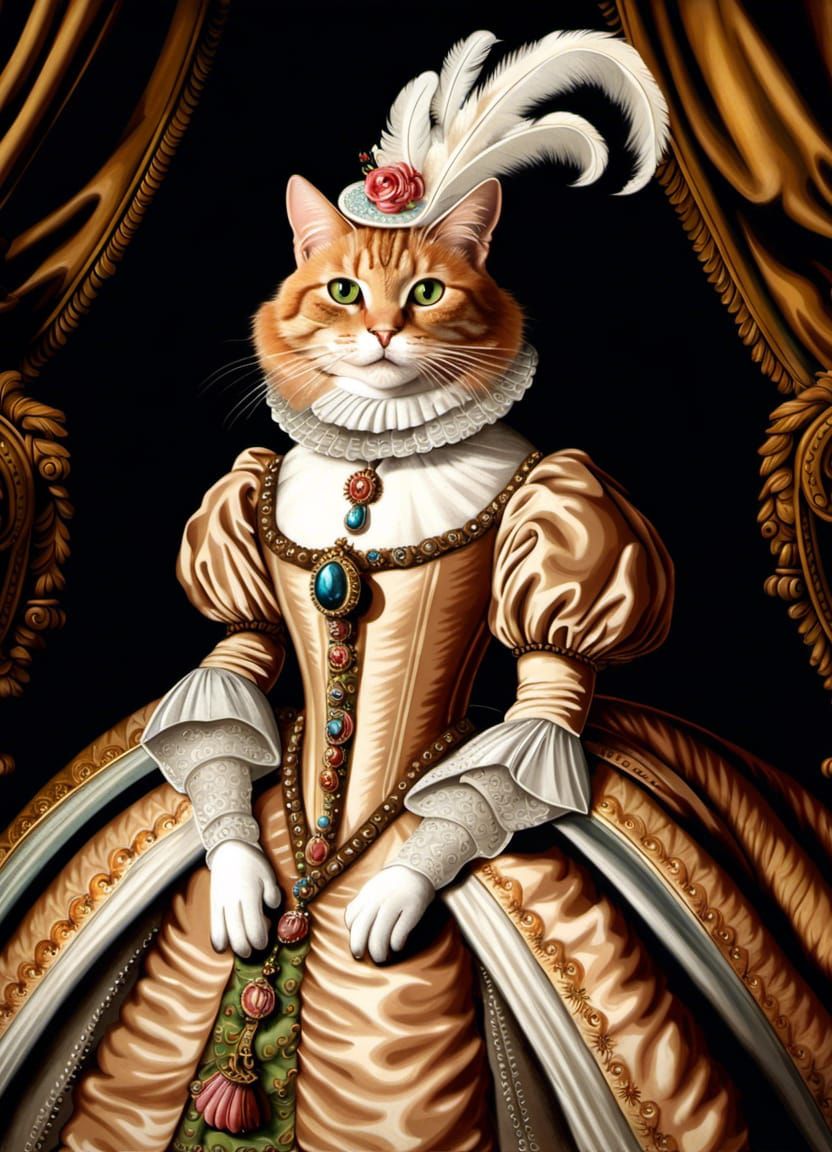 Ginger Tabby Cat in Elizabethan Gown on Throne