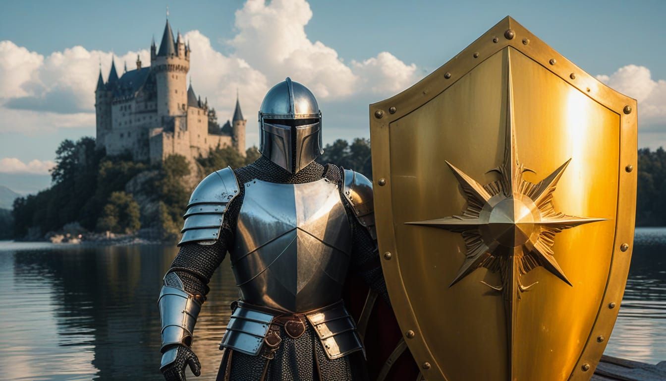 Chivalrous Knight in Front of Castle on Serene Lake