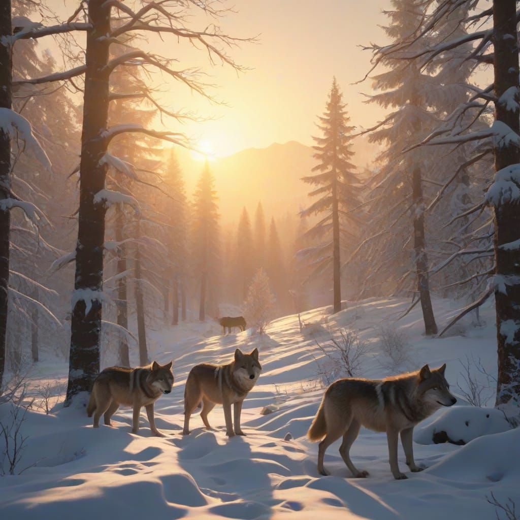 Wolves Watching Sunset in Deep Winter Forest