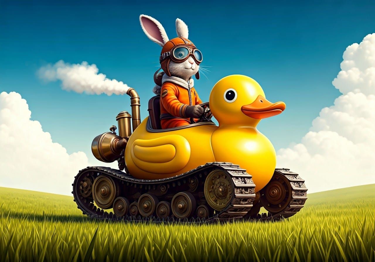 Steampunk Rabbit Pilots Vibrant Rubber Ducky Tractor in Sunl...