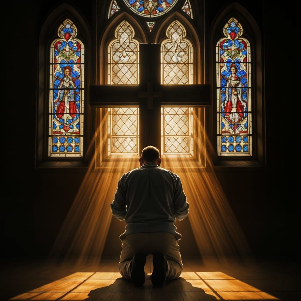 Man Kneels Humbly Before Cross with Stained Glass Light