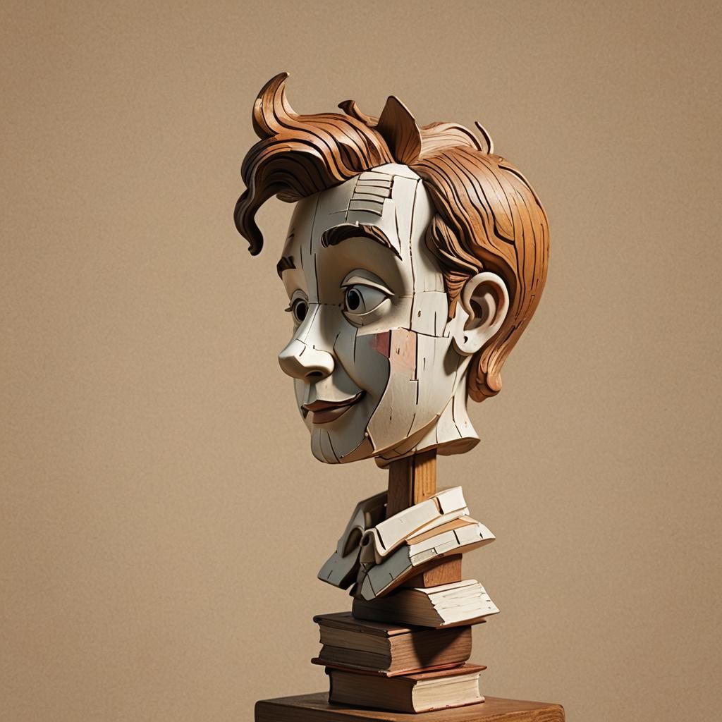 Surreal Wood Sculpture with Childlike Drawing Elements