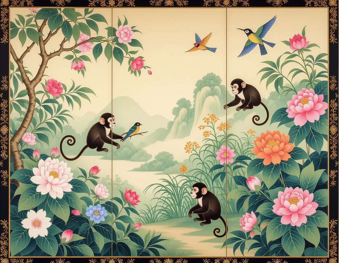 Fantastical Garden Scene in Silk Painting Style