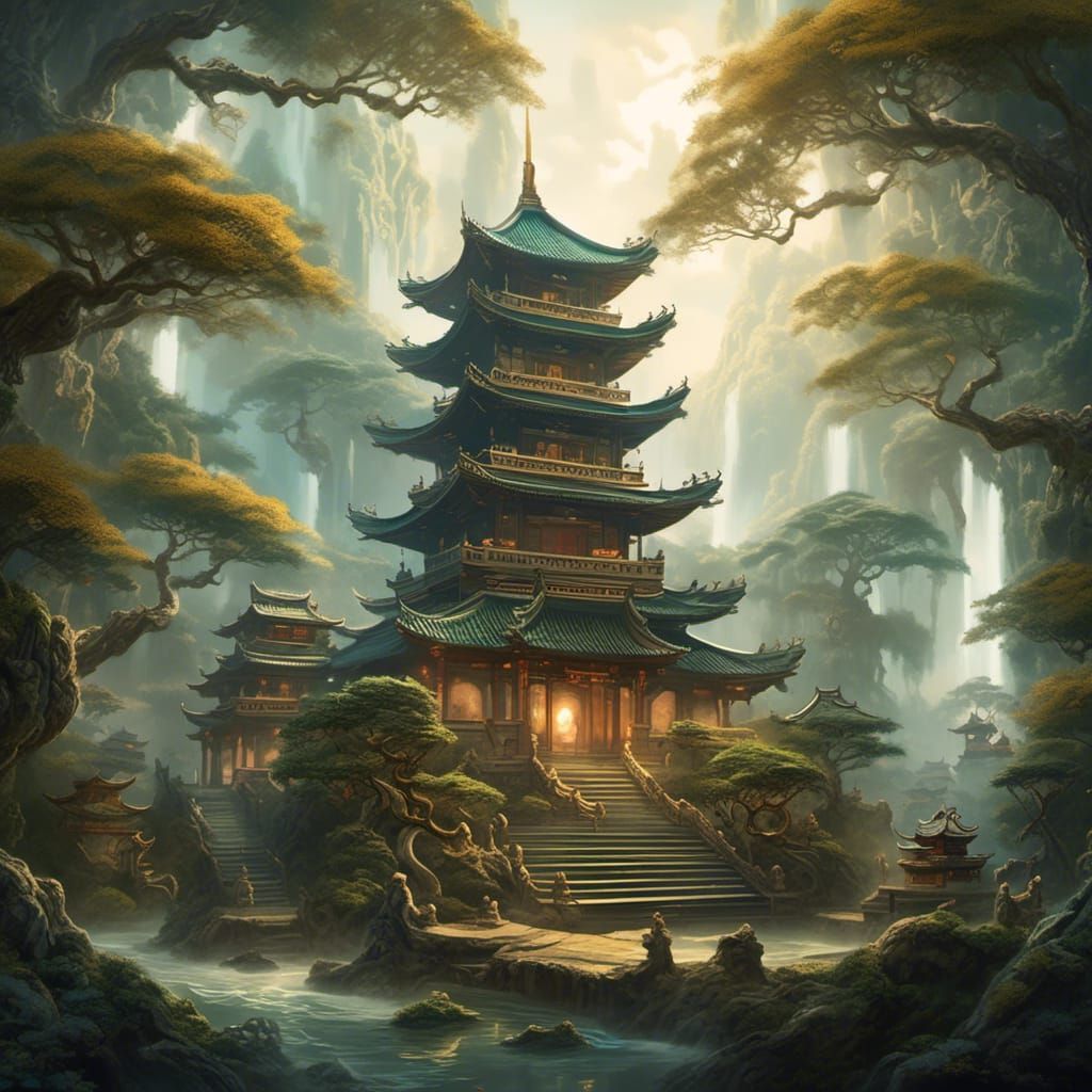 Ancient temple in a misty jungle