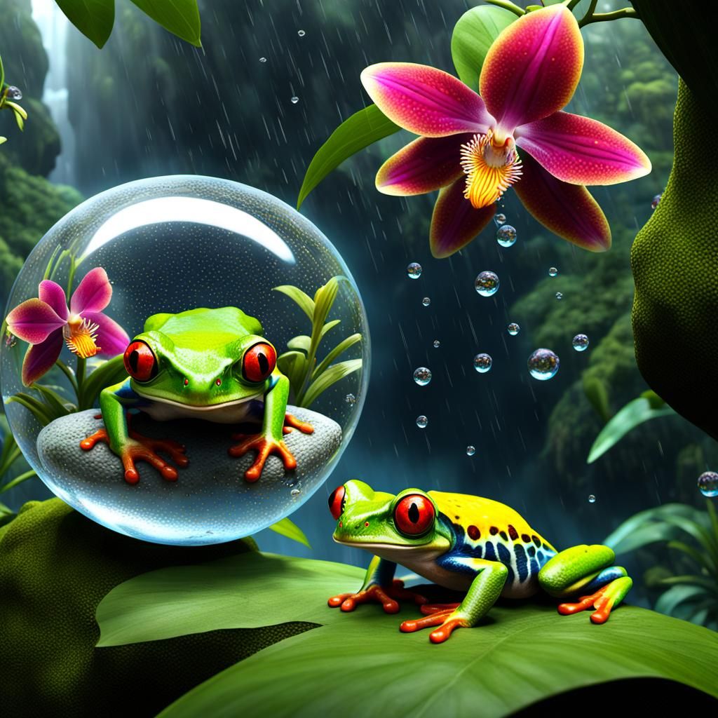 Red-Eyed Tree Frog in Rainforest: Detailed Matte Painting