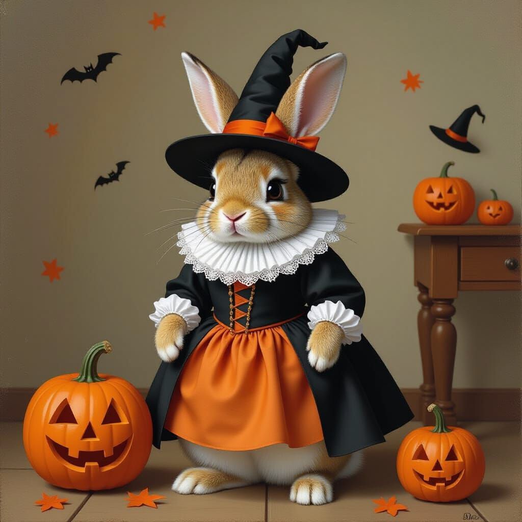 Rabbit Dressed for Halloween in Bosch and Pixar Style