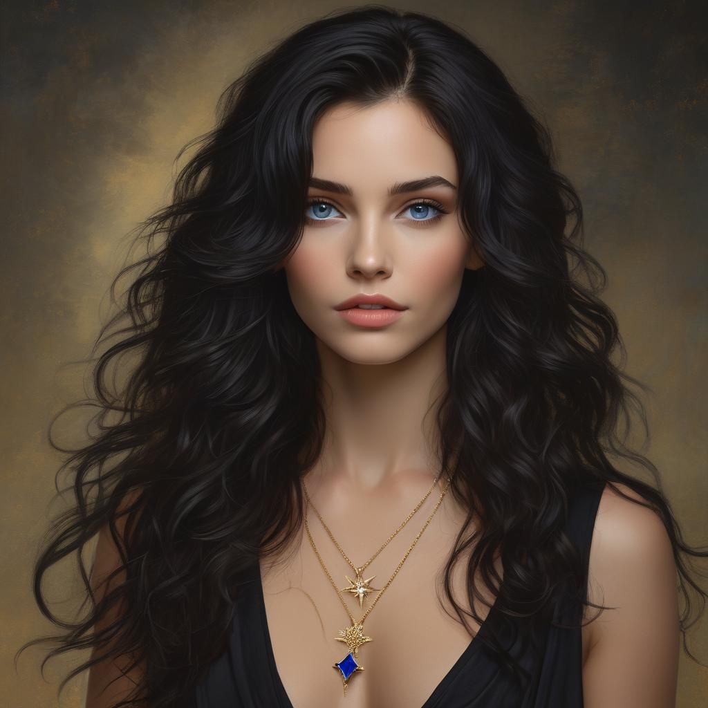Portrait of Woman with Flowing Hair and Gold Necklace