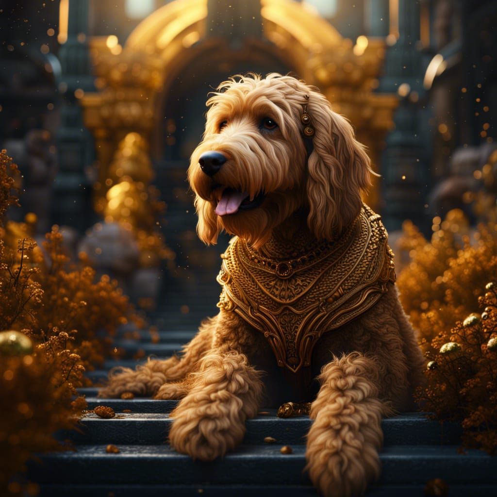Fantastical Golden Doodle in Detailed Matte Painting