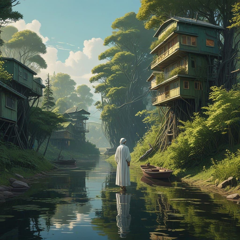 Solarpunk environmentalist living within floating villages