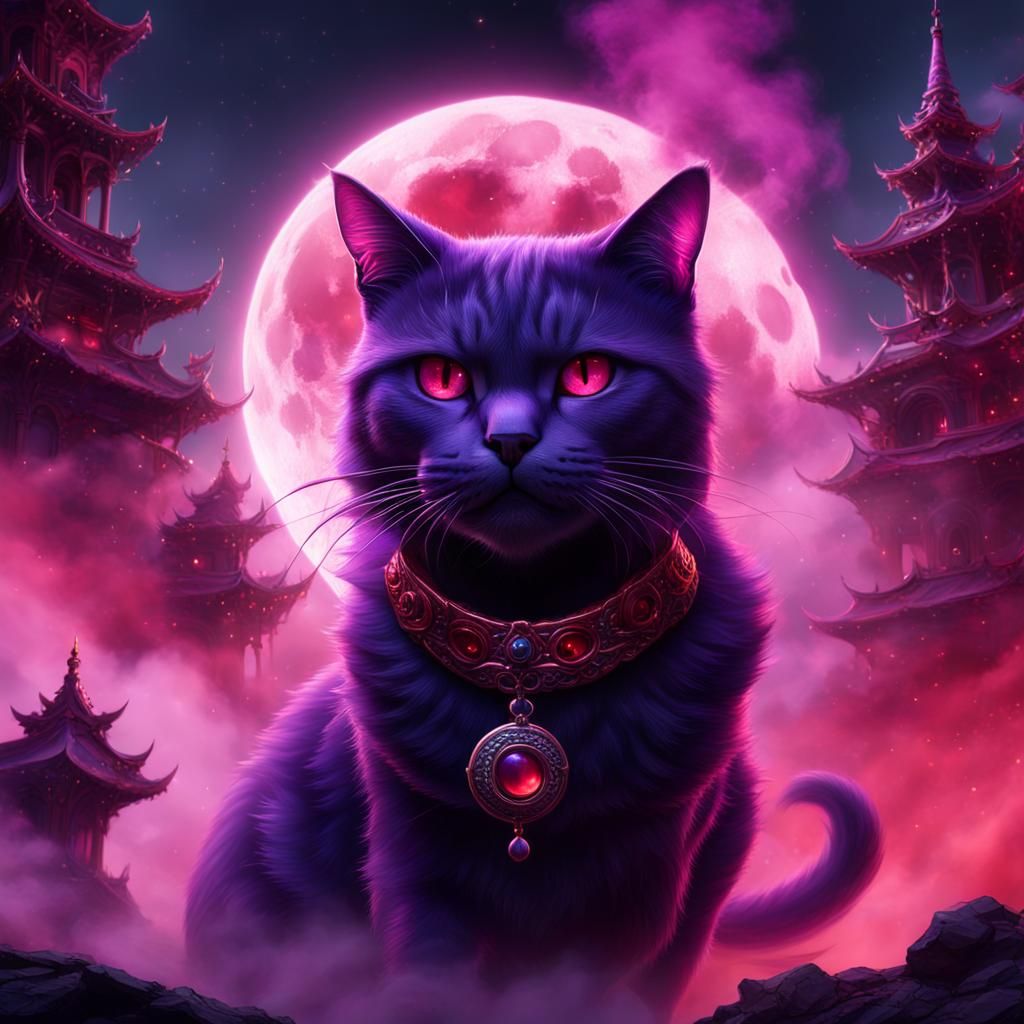 Purple Cat with Red Smoke, Fantasy Art