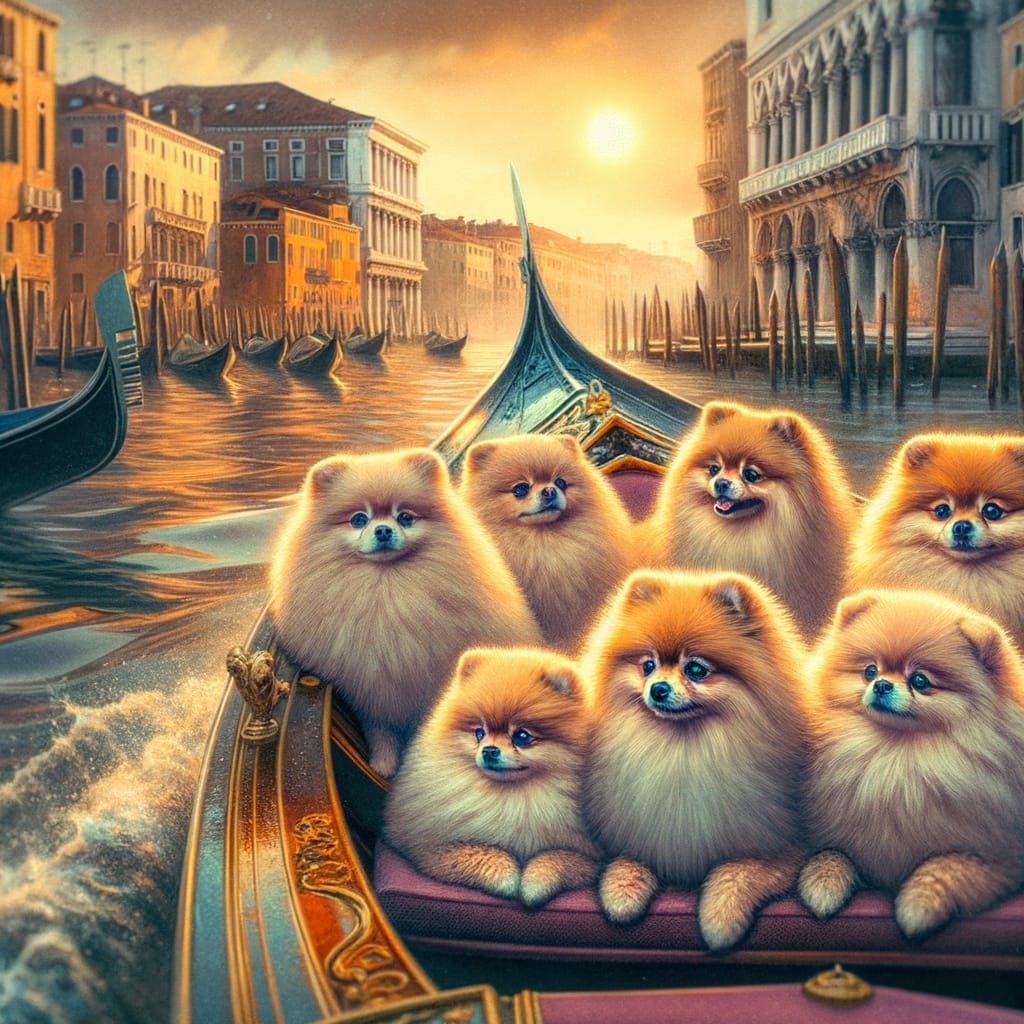 Pomeranians on Venetian Canal at Sunset, 19th-Century Style