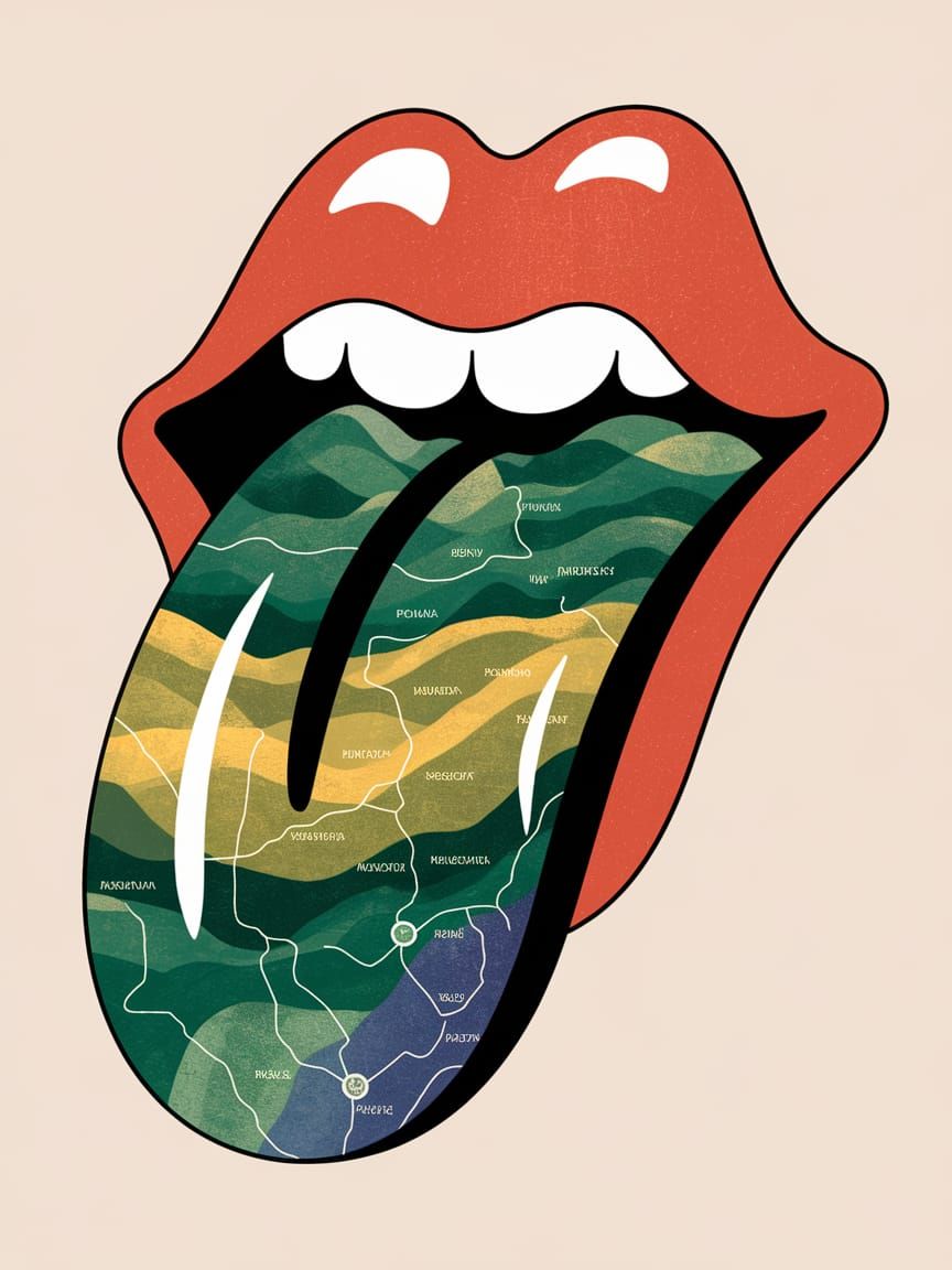 A whimsical illustration where a stylized, curved tongue tra...