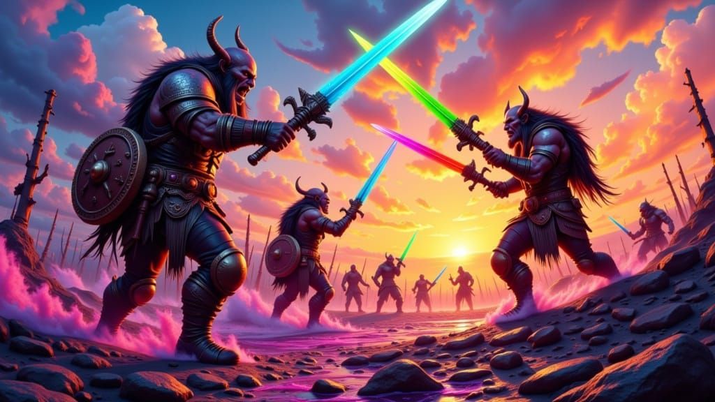 Vibrant Orcs Clash in Melting Neon Sword Battle
