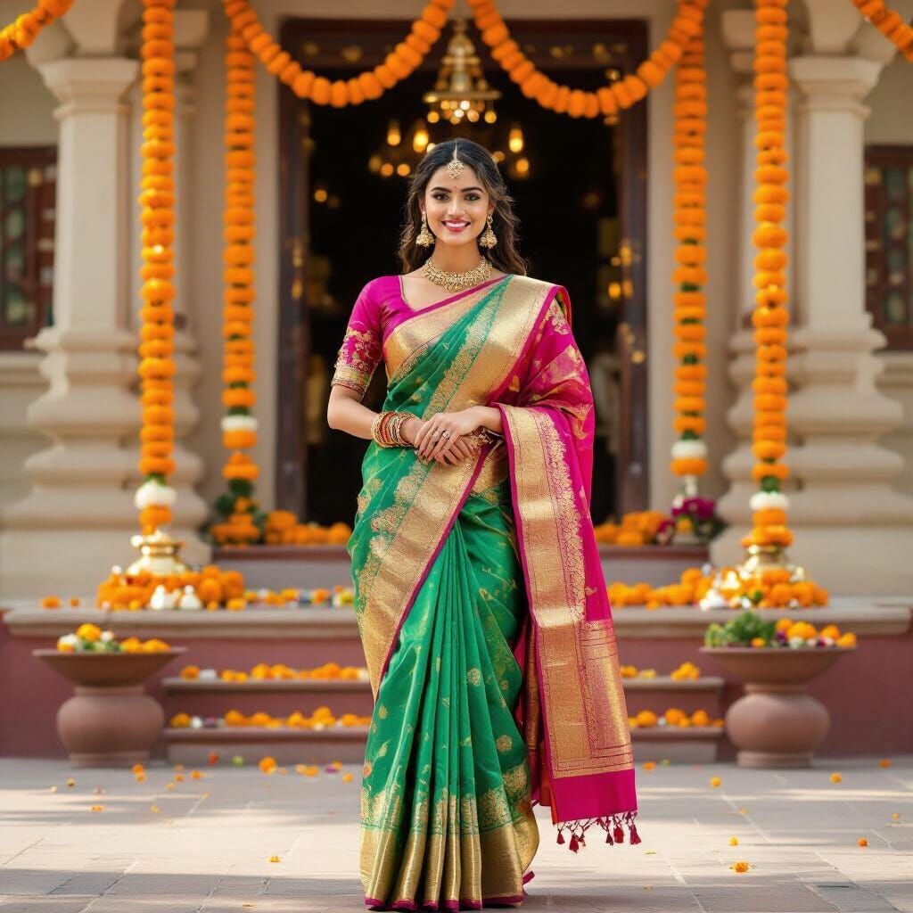 Model in Festive Silk Saree at Temple