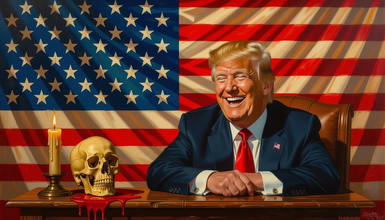 Hyperrealistic Painting of President with Skull and US Flag