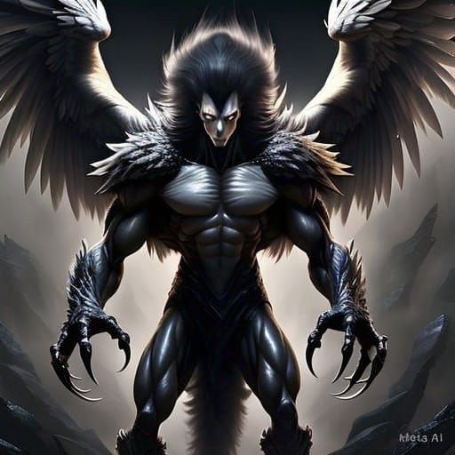 Majestic Creature with Obsidian Mane and Feathered Wings