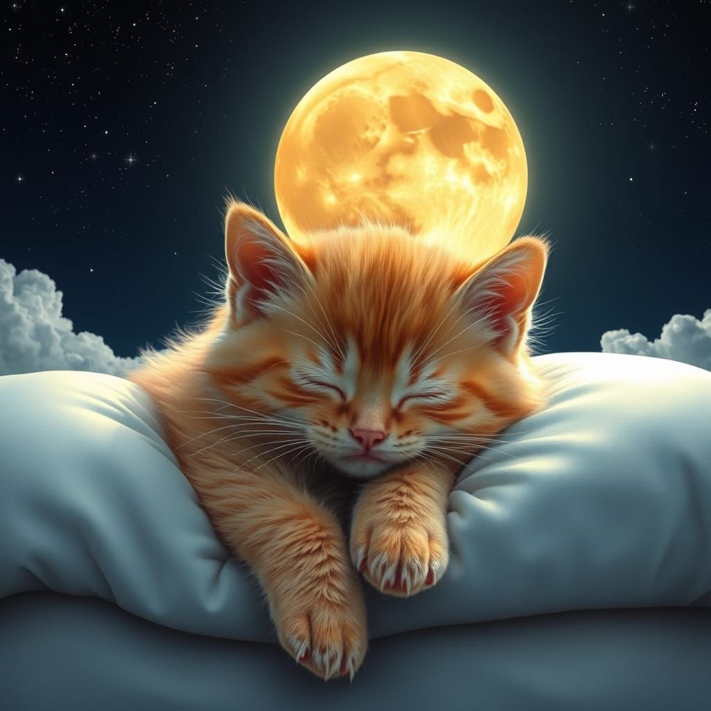Peaceful Orange Kitten in Dreamy Night Sky