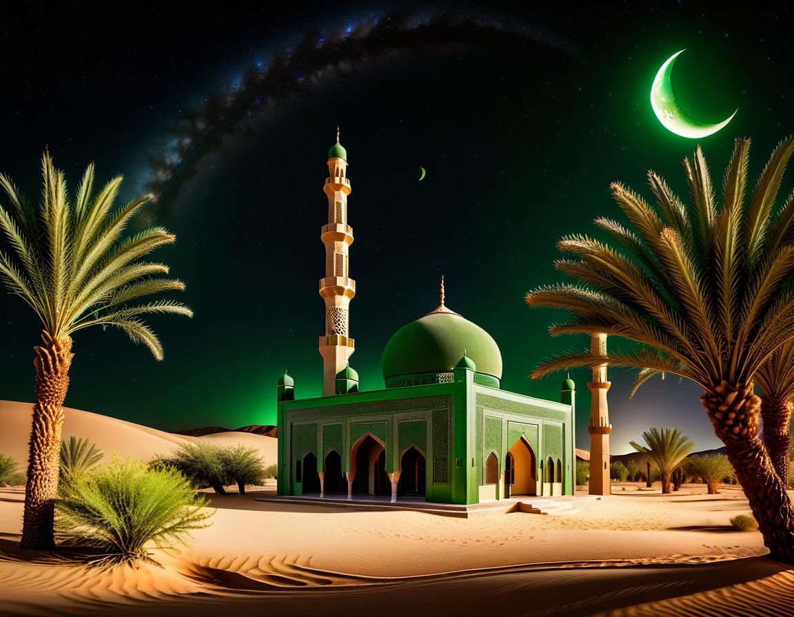 Green Mosque in Desert Night Under Crescent Moon
