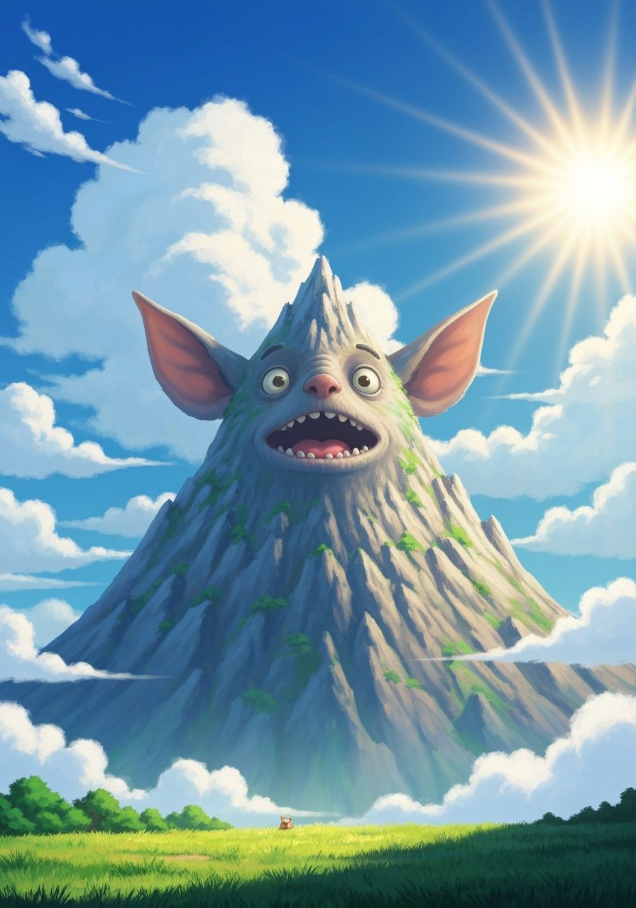 Whimsical Mountain Creature Under Sunny Skies