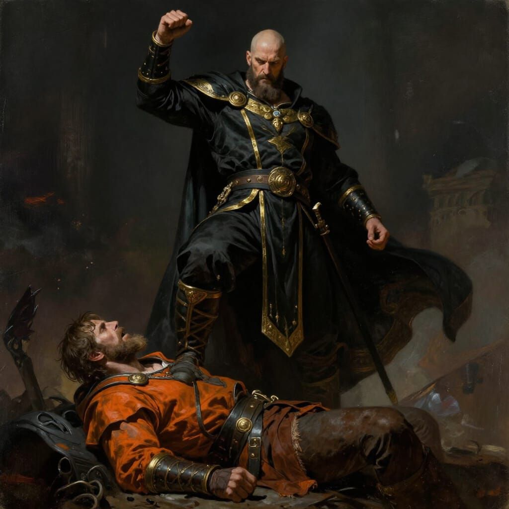 Triumphant Warrior in Black and Gold Over Vanquished Foe