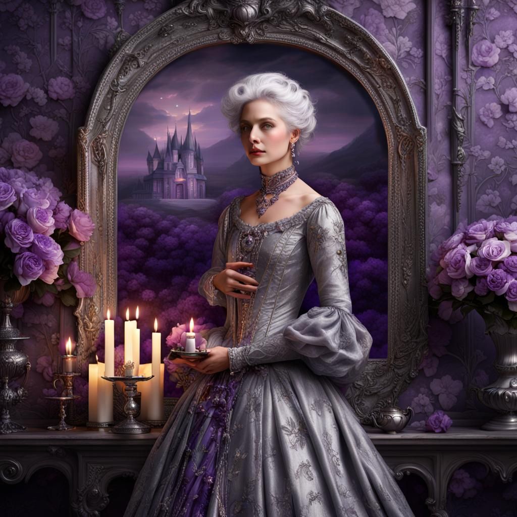 Victoran Lady with embossed violet floral wall paper